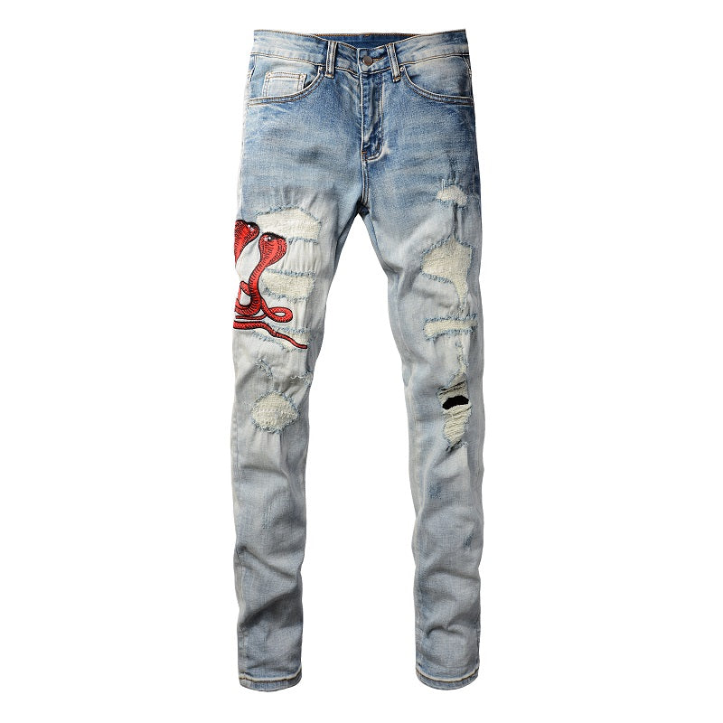 New Arrivals Men's Light Blue Ripped Streetwear Distressed Skinny Stretch Destroyed Tie Dye Bandana Ribs Patches Slim Fit Jeans