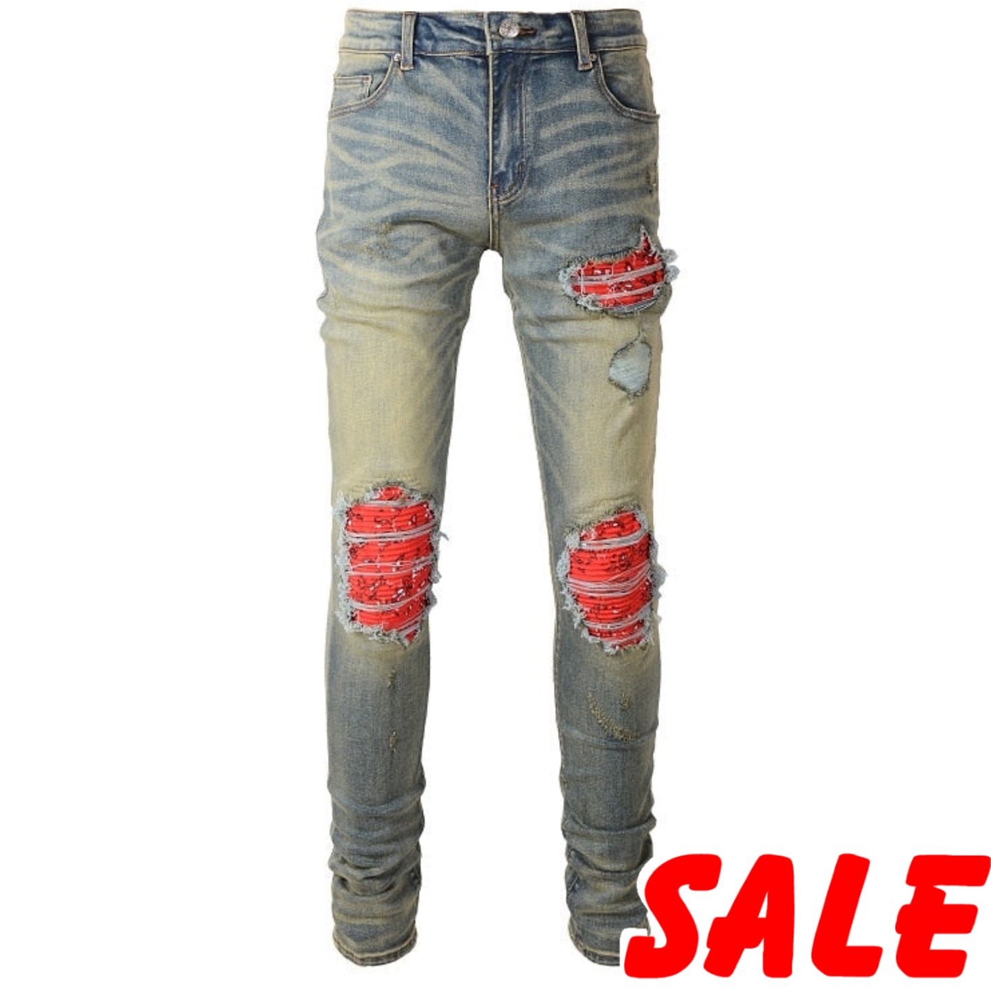 New Arrival Men’s Light Blue Distressed Skinny Stretch Streetwear Tie Dye Bandana Patchwork Destroyed Slim Fit Denim Jeans