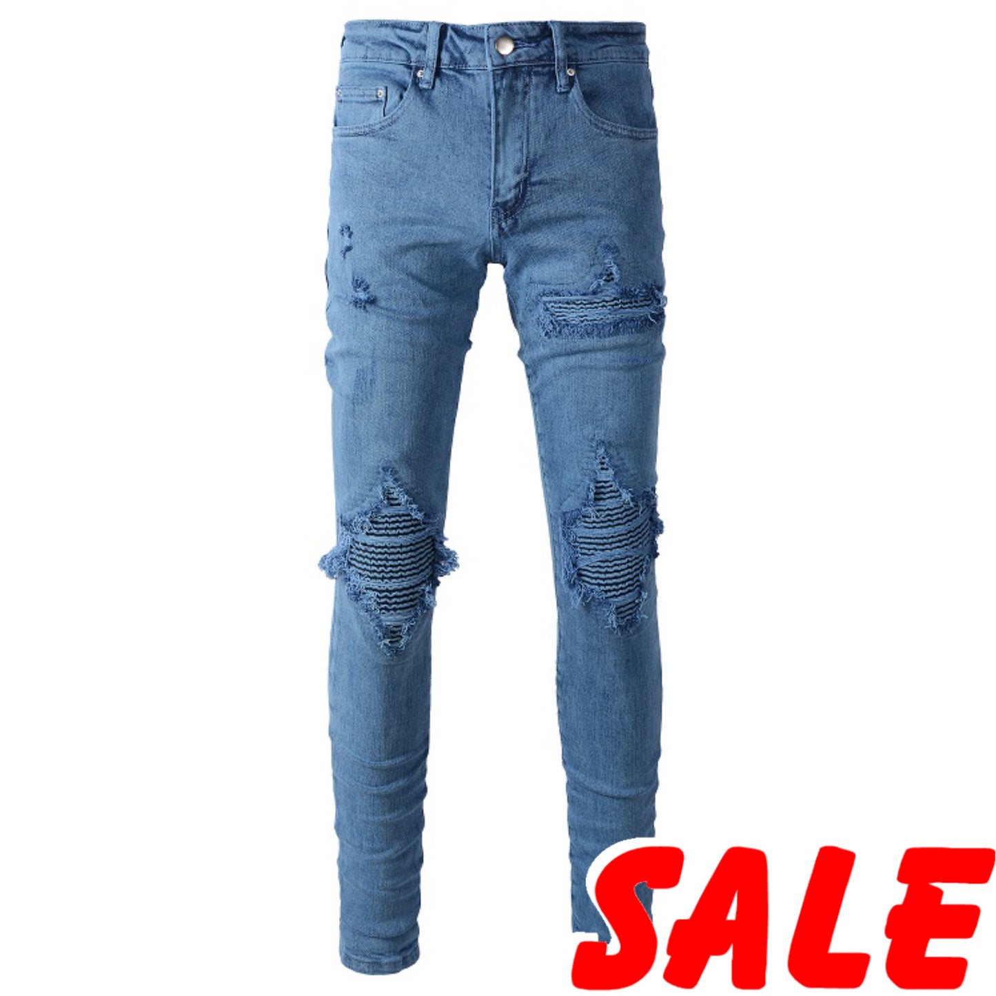 New Arrivals Men's Blue Ripped Streetwear Distressed Skinny Stretch Destroyed Tie Dye Bandana Ribs Patches Slim Fit Jeans