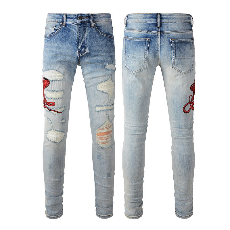 New Arrivals Men's Light Blue Ripped Streetwear Distressed Skinny Stretch Destroyed Tie Dye Bandana Ribs Patches Slim Fit Jeans