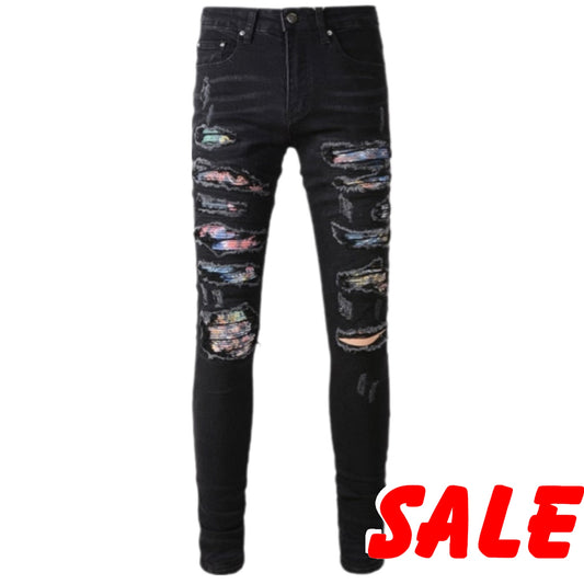 Men’s Black Streetwear Fashion Distressed Skinny Stretch Destroyed Holes Tie Dye Bandana Ribs Patches Slim Ripped Jean Pants