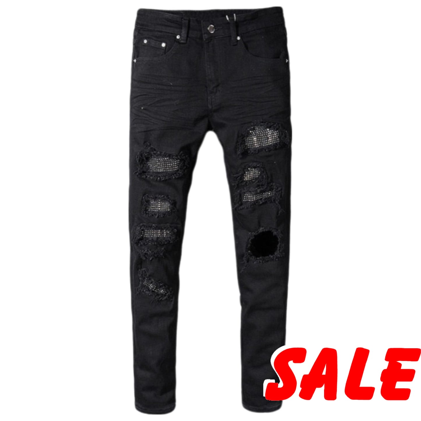 Sokotoo Men's slim skinny crystal rhinestone patchwork ripped jeans Fashion patch black stretch denim pants