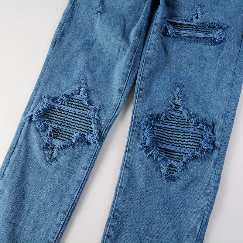 New Arrivals Men's Blue Ripped Streetwear Distressed Skinny Stretch Destroyed Tie Dye Bandana Ribs Patches Slim Fit Jeans