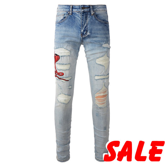 New Arrivals Men's Light Blue Ripped Streetwear Distressed Skinny Stretch Destroyed Tie Dye Bandana Ribs Patches Slim Fit Jeans