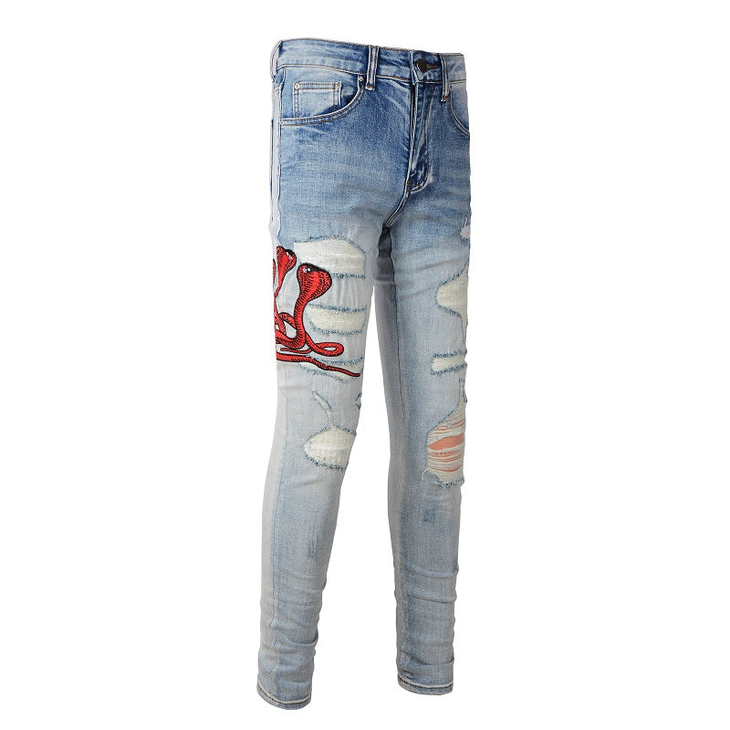 New Arrivals Men's Light Blue Ripped Streetwear Distressed Skinny Stretch Destroyed Tie Dye Bandana Ribs Patches Slim Fit Jeans