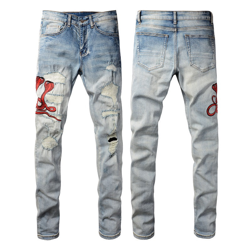 New Arrivals Men's Light Blue Ripped Streetwear Distressed Skinny Stretch Destroyed Tie Dye Bandana Ribs Patches Slim Fit Jeans