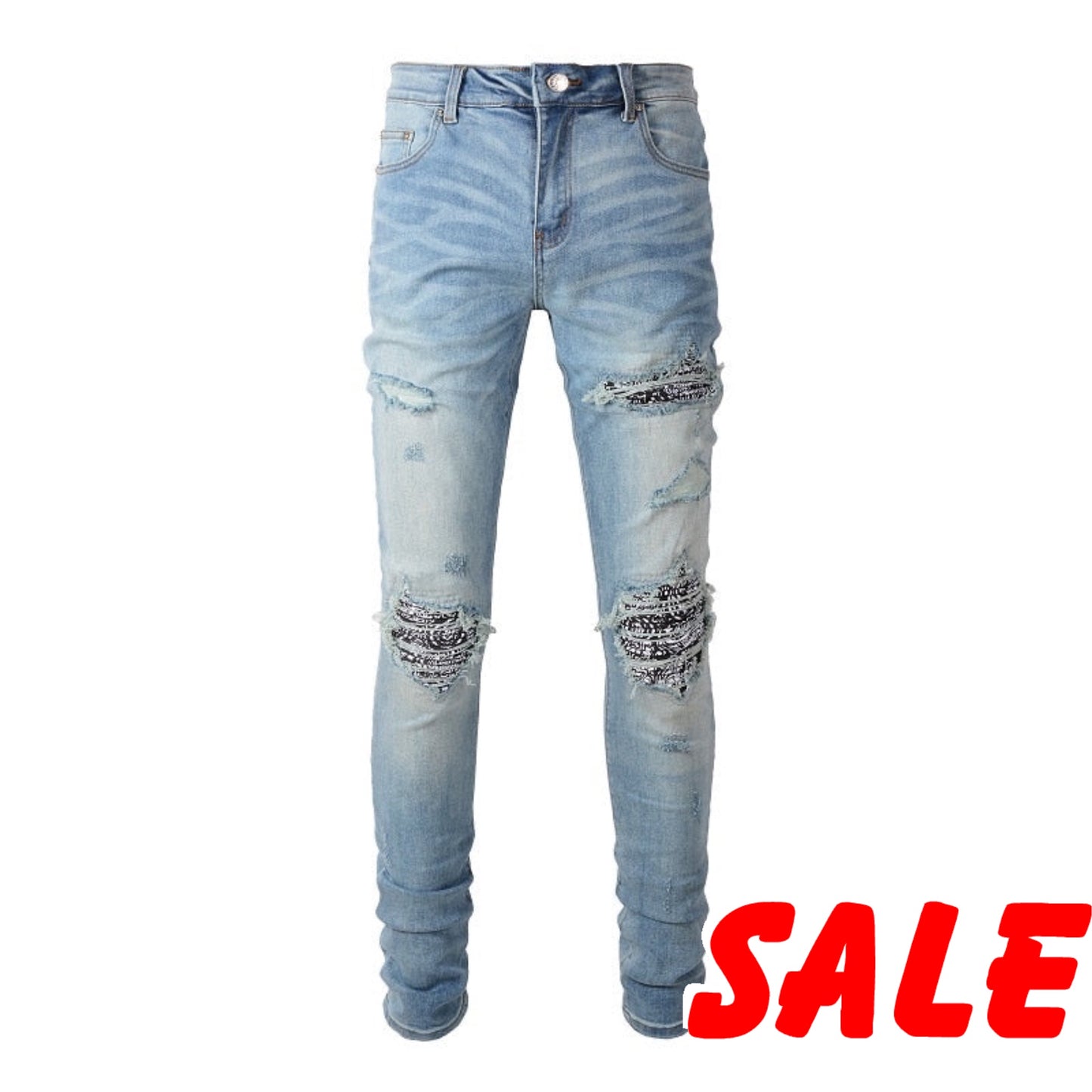 Light Blue Destroyed Tie Dye Bandana Ribs Patches Slim Fit Jeans