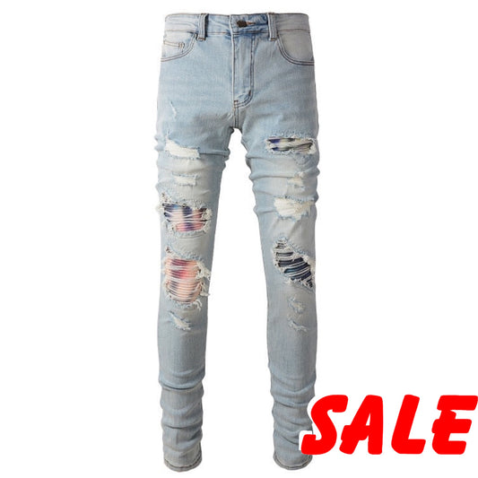 Fashion Distressed Slim Streetwear Damage Skinny High Stretch Blue Destroyed Tie Dye Bandana Ripped Jeans