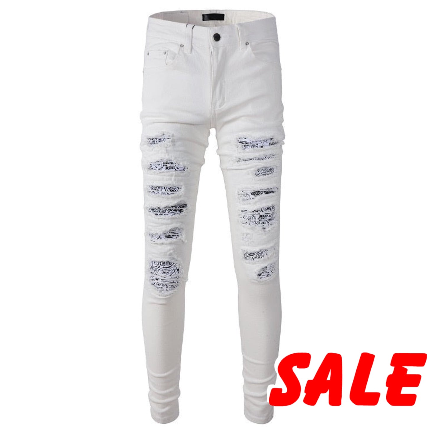 Mens White Distressed Streetwear Fashion Slim Fit Stretch Embroidered Damaged Tie Dye Bandana Rib Patch Ripped Skinny Jeans