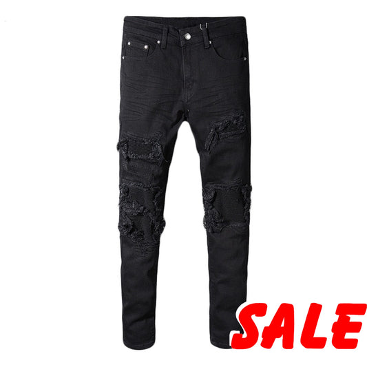 Black Patchwork Stretch Denim Biker Jeans