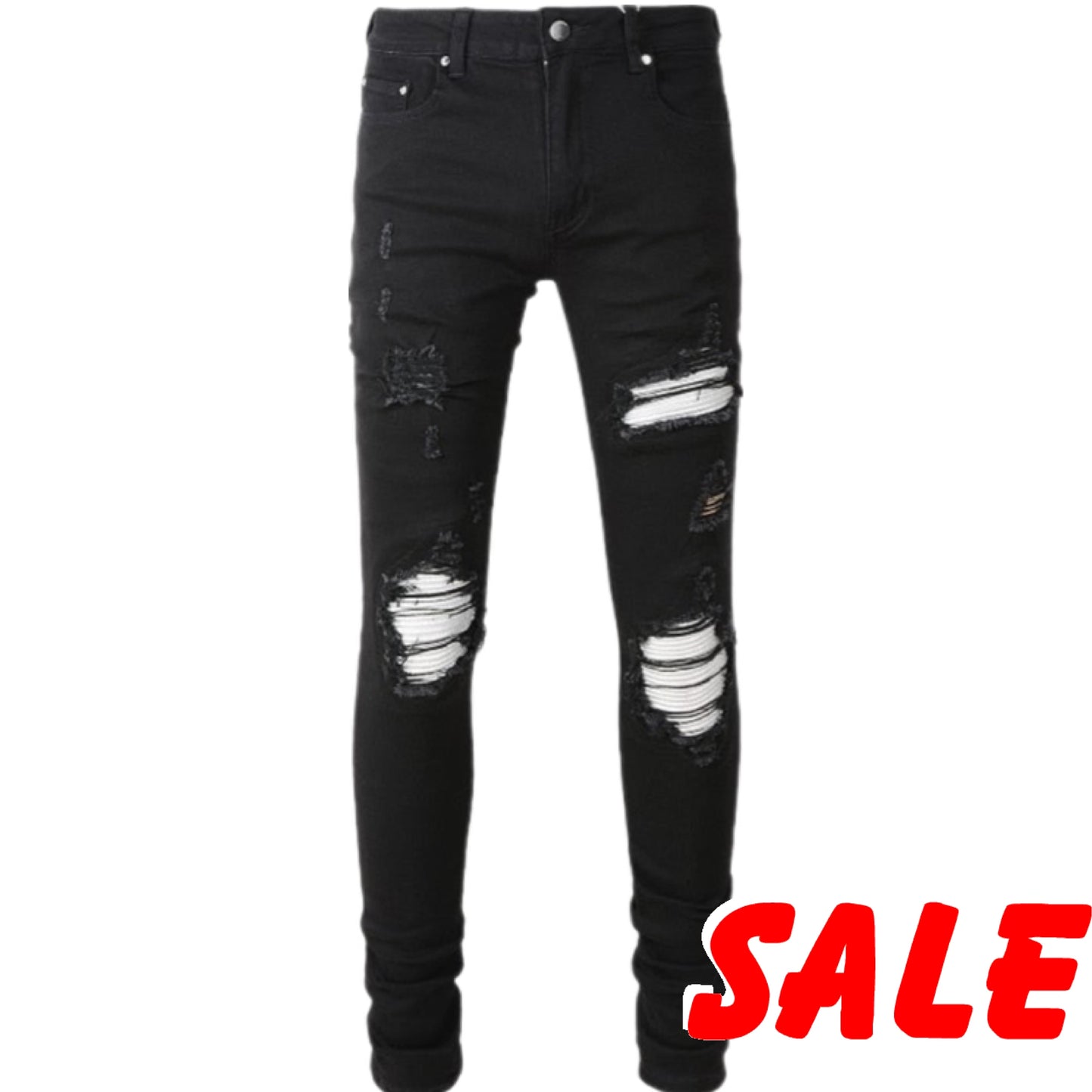 Men's Streetwear Fashion Black Skinny Stretch Scratch Damaged Tie Dye White Bandana Ribs Patches Slim Fit Ripped Jeans Pants Men