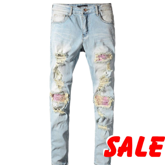 Blue Patchwork Ripped jeans