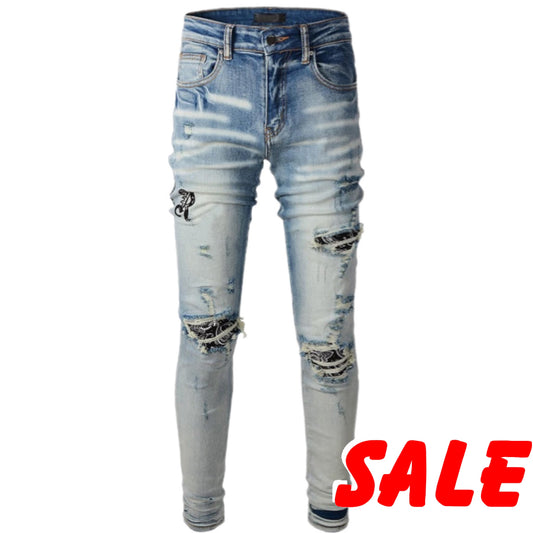 Men's Streetwear Distressed Slim Fit Letters Embroidered Damaged Holes Tie Dye Bandana Ribs Patches Skinny Stretch Ripped Jeans