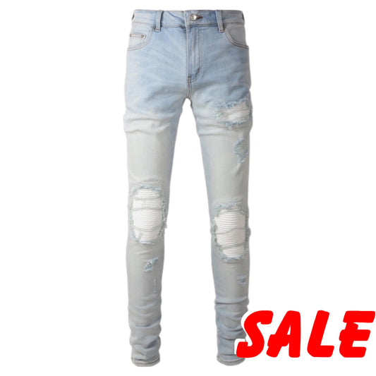 New Arrivals Men's Light Blue Ripped Streetwear Distressed Skinny Stretch Destroyed Tie Dye Bandana Ribs Patches Slim Fit Jeans