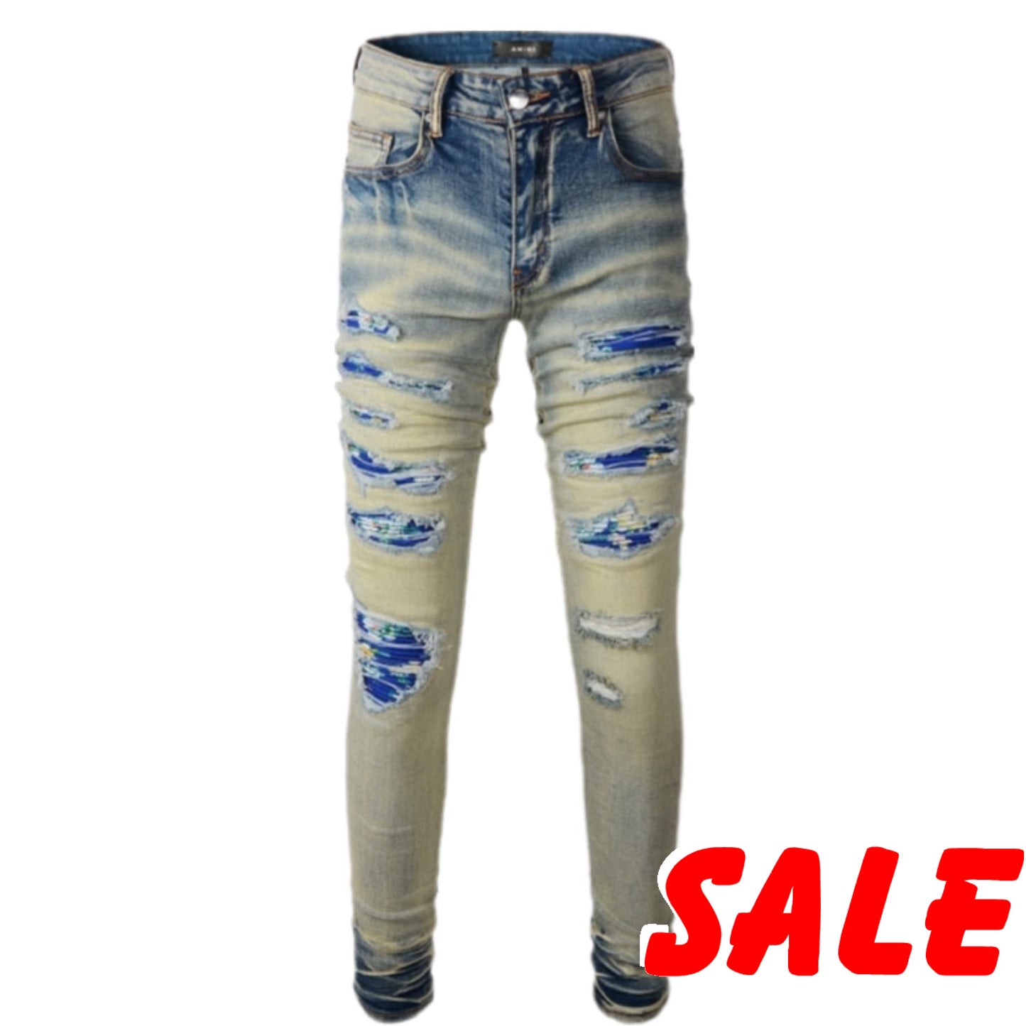 Men’s High Street Fashion Skinny Destroyed Tie Dye Blue Bandana Embroidered Patches Slim Fit Scratched Ripped Jeans For Men