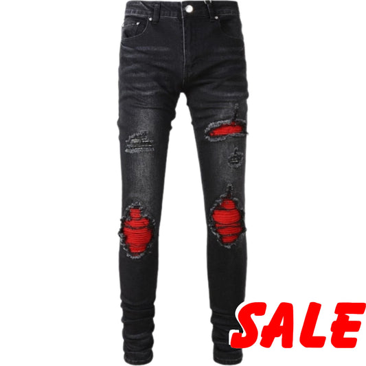 2022 Men's Black Distressed Skinny Jeans: Stretch denim with destroyed holes, red bandana, ribs patches, and ripped details. Streetwear style.