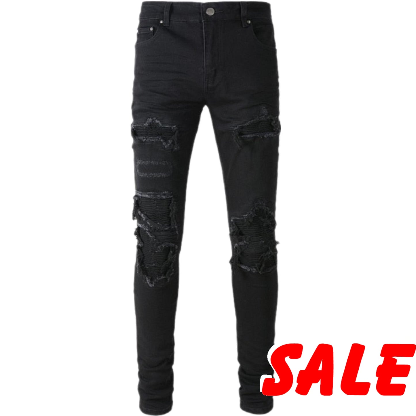 New Arrival Men's Black Distressed Streetwear Fashion Slim Stretch Damaged Holes With Bandana Ribed Patches Ripped Skinny Jeans