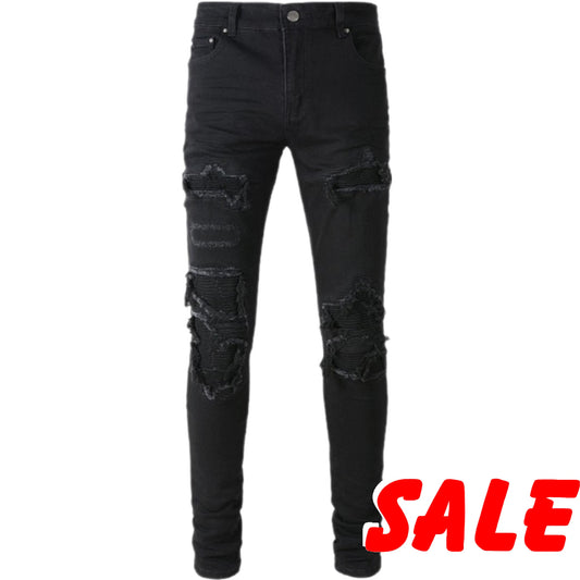 New Arrival Men's Black Distressed Streetwear Fashion Slim Stretch Damaged Holes With Bandana Ribed Patches Ripped Skinny Jeans