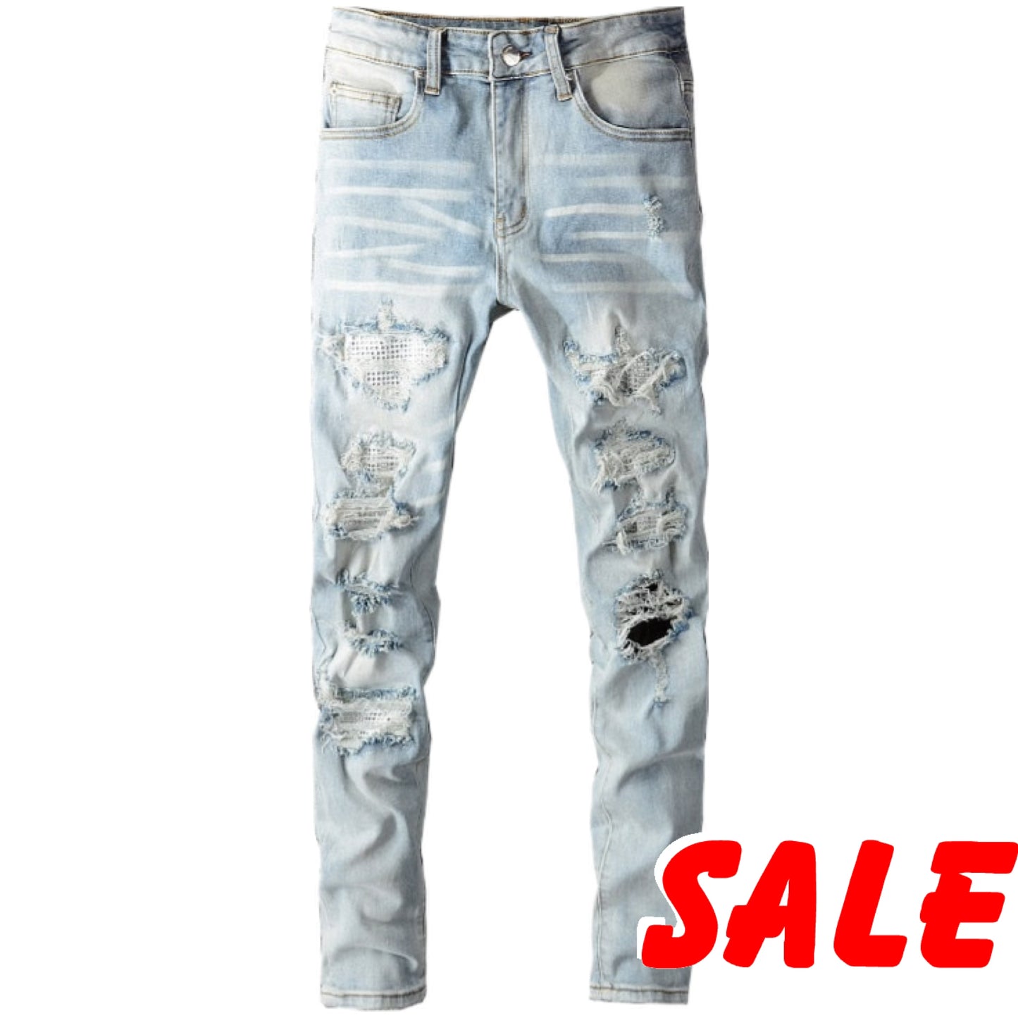 Men's light indigo skinny jeans with ripped holes, rhinestone accents, and distressed details for a stylish streetwear look