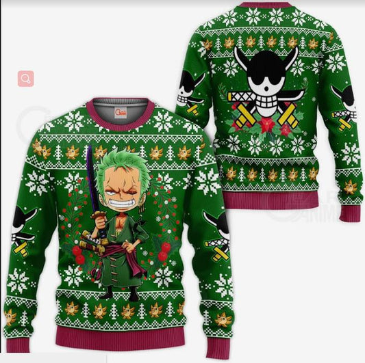 Festive Green Anime-Inspired Christmas Sweater - Sword Master Edition