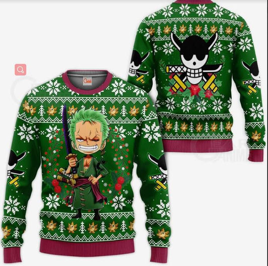 Festive Anime-Inspired Green Christmas Sweater with Swordsman Design