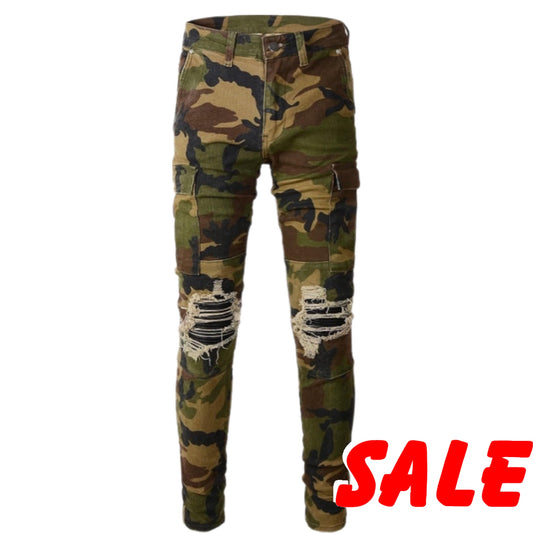 Men's Camo Cargo Pants w/ Stretch, Distressed Leather, and Rippers! 100% unique.