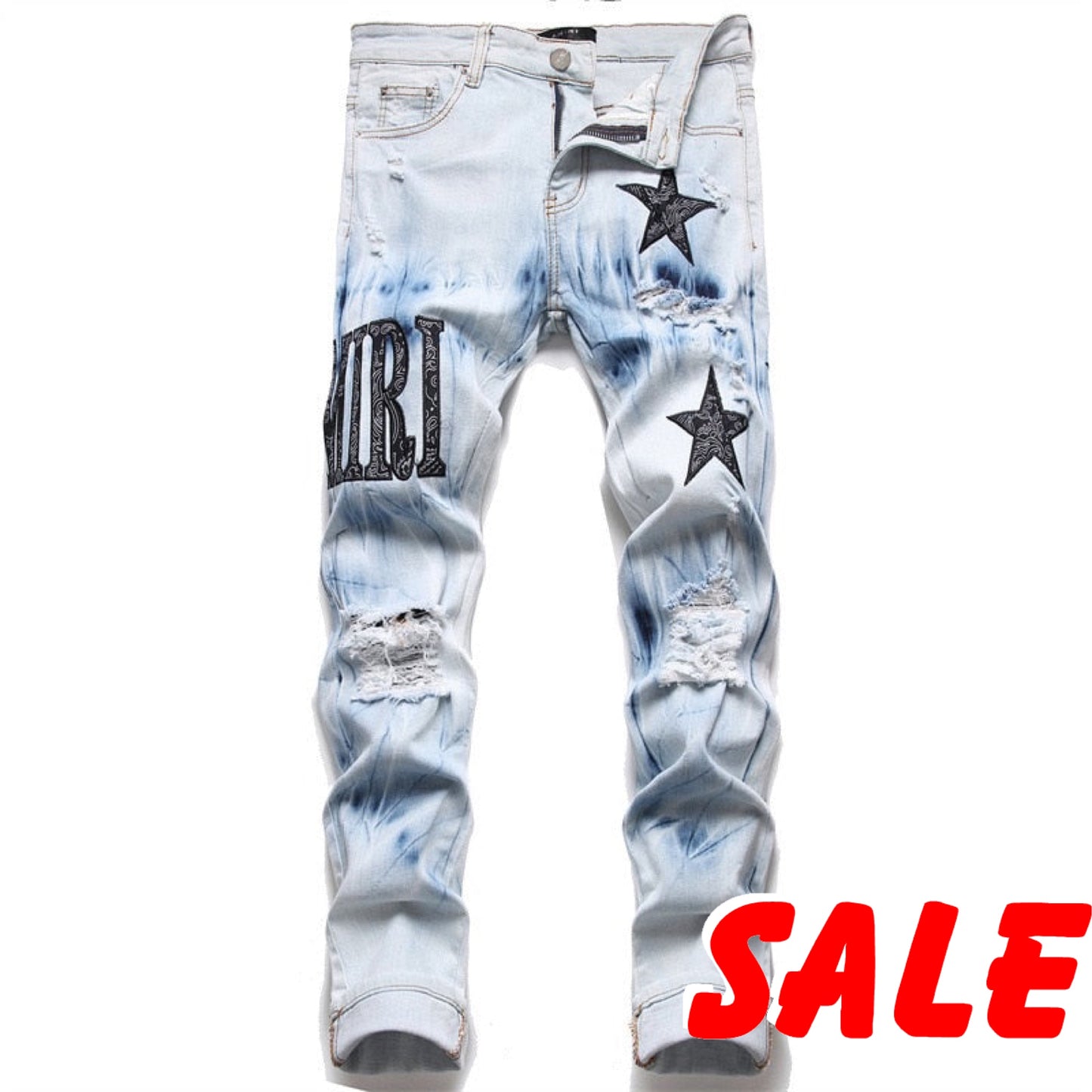 EH·MD® Five-pointed Star Embroidered Word Art Jeans