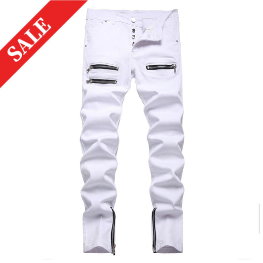 Punk Jeans Men Zipper Hip Hop Slim Fit White Bike Jeans Elastic Split Denim Pants Cotton Fashion Casual Jogging Male Clothing