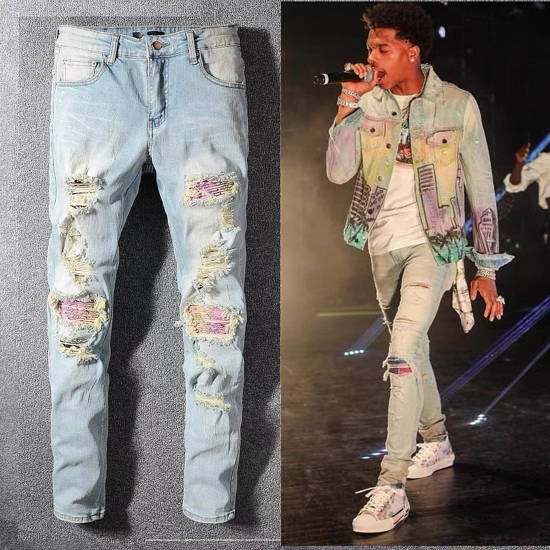 High Street Patchwork Blue Jeans Men 2021 Hip Hop Ripped Hole Slim Jeans Pants Men Trendy Party Club Calsas Masculina Jeans