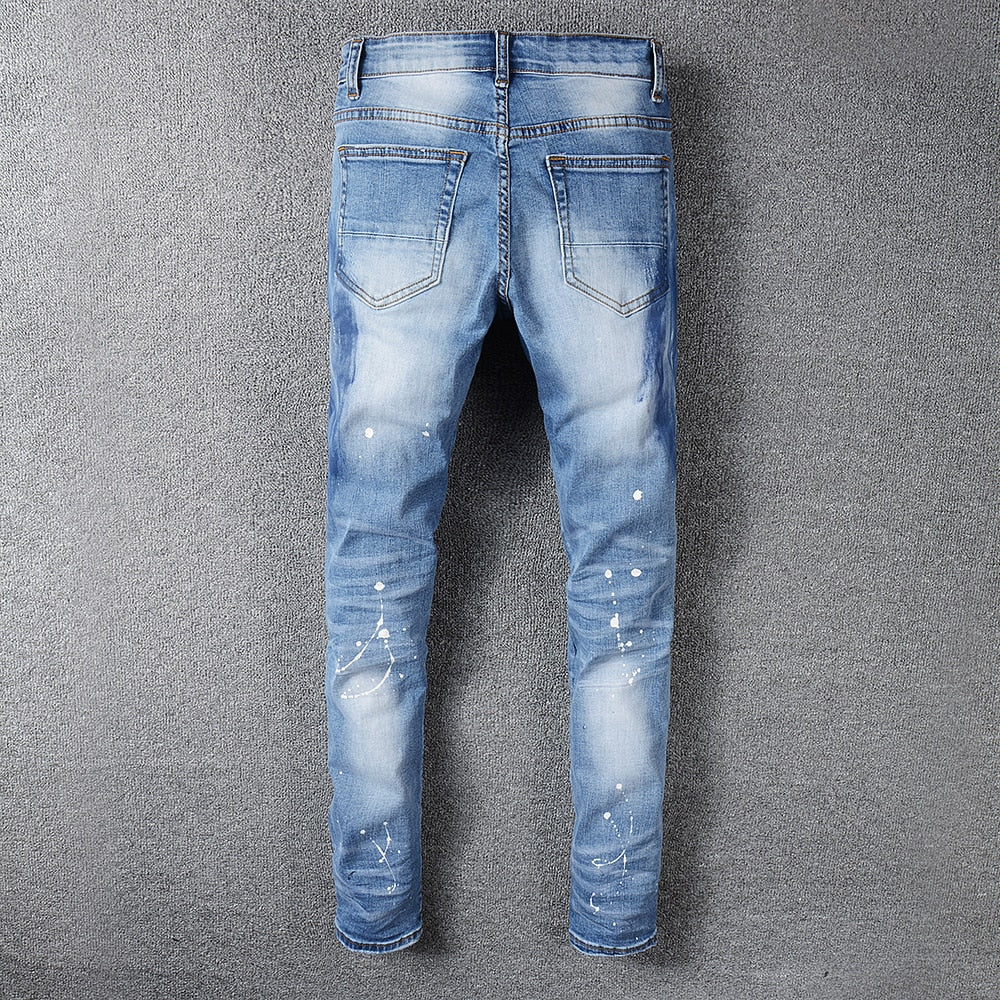 Sokotoo Men's rhinestone crystal patchwork light blue ripped jeans Slim fit skinny stretch denim pants