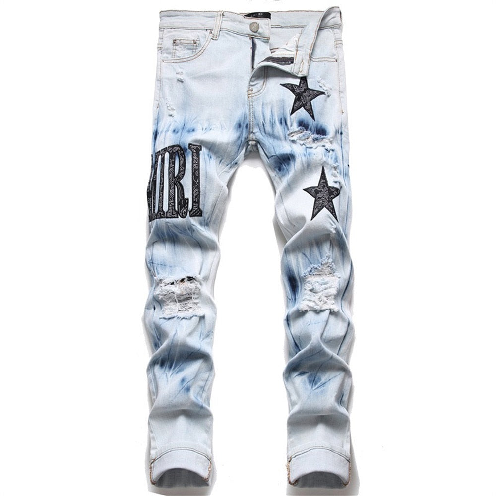 EH·MD® Five-pointed Star Embroidered Word Art Jeans