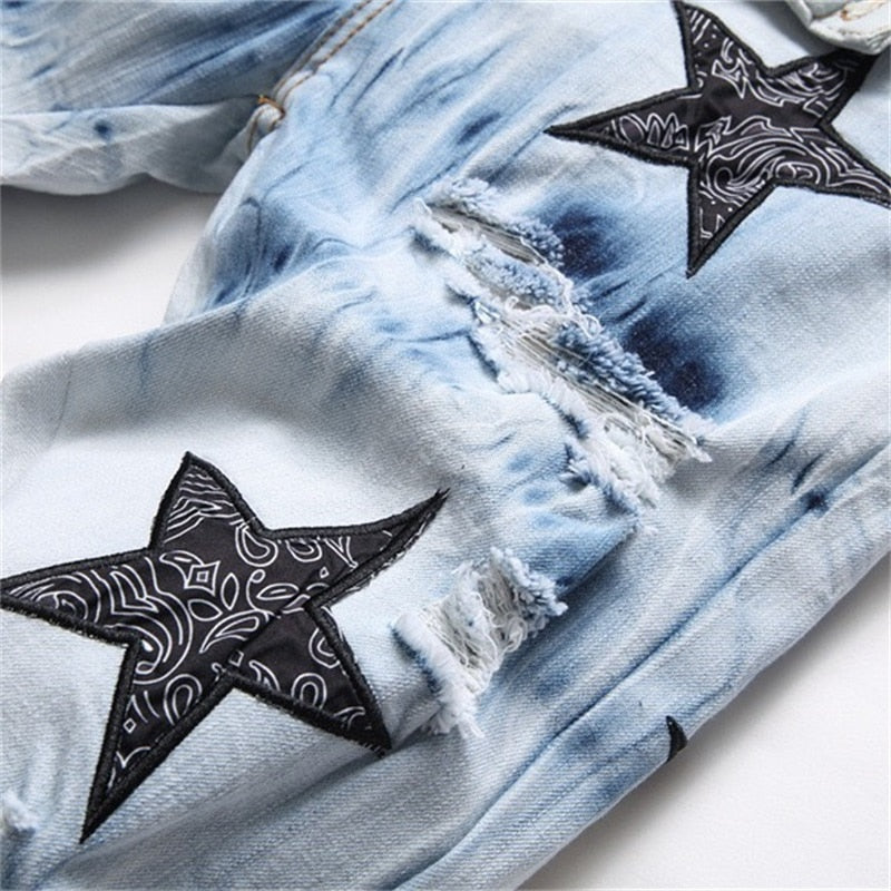 EH·MD® Five-pointed Star Embroidered Word Art Jeans