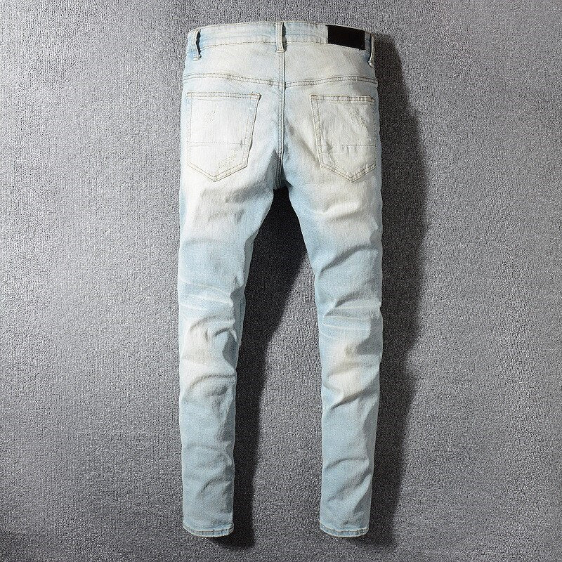 High Street Patchwork Blue Jeans Men 2021 Hip Hop Ripped Hole Slim Jeans Pants Men Trendy Party Club Calsas Masculina Jeans