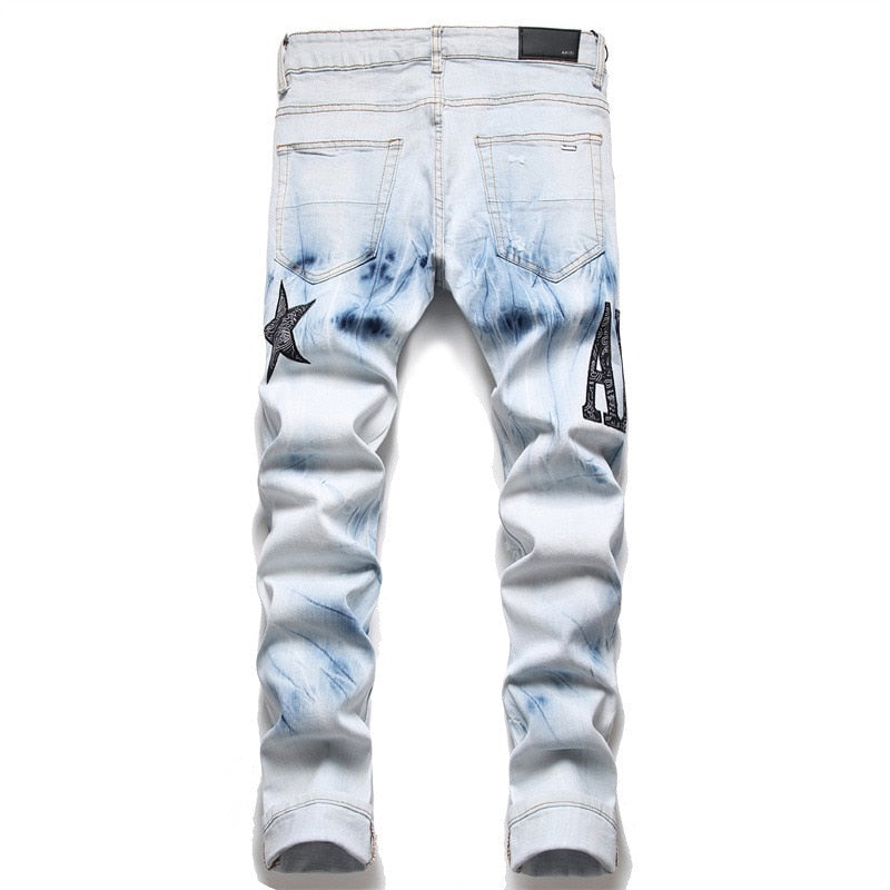 EH·MD® Five-pointed Star Embroidered Word Art Jeans