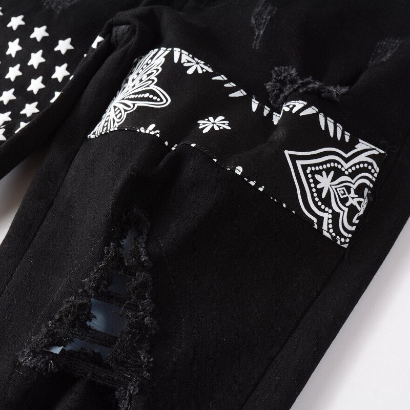 New Arrival Men’s Fashion Black Distressed Slim Streetwear Damage Skinny High Stretch Destroyed Spliced Bandana Ripped Jeans