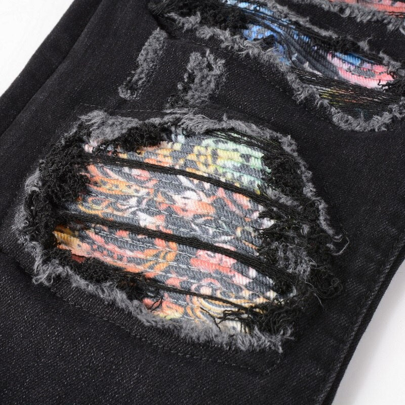 Men’s Black Streetwear Fashion Distressed Skinny Stretch Destroyed Holes Tie Dye Bandana Ribs Patches Slim Ripped Jean Pants