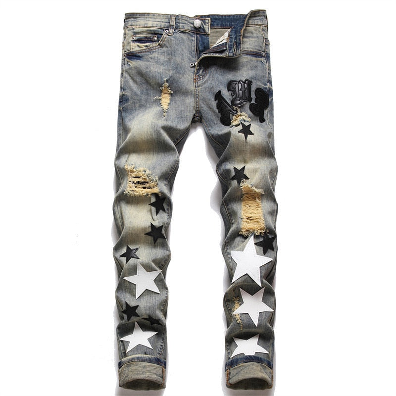 EH·MD® Five-pointed Star Embroidered Word Art Jeans