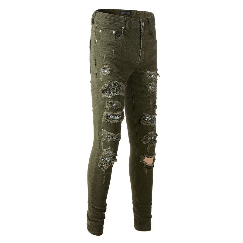 New Fashion Streetwear Army Green Distressed Slim Fit Bikers Skinny Stretch Tie Dye Bandana Ribs Patch Cargo Ripped Jeans