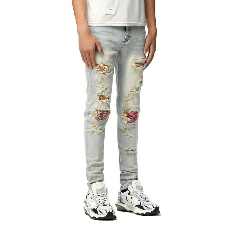 New Men's Distressed Hollow Out Patchwork Rainbow bandana ripped Patches Light Blue Washed Slim Stretch Jeans Size 28-40