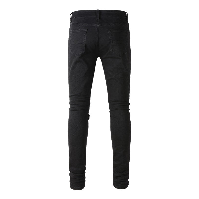 New Arrival Men's Black Distressed Streetwear Fashion Slim Stretch Damaged Holes With Bandana Ribed Patches Ripped Skinny Jeans