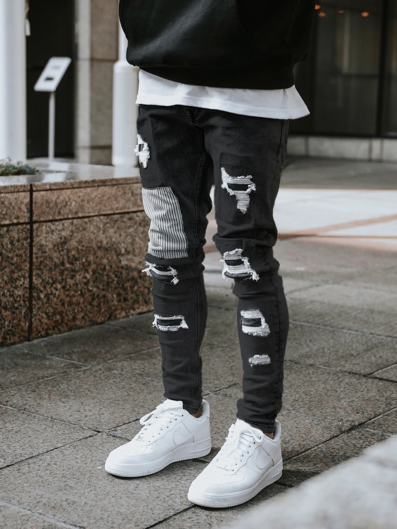 Men's Skinny Ripped Jeans Streetwear Fashion Beggar Patch Men Pencil Pants Grey/Blue Slim Denim Trousers Casual Jeans for Men