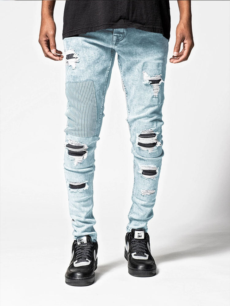 Men's Skinny Ripped Jeans Streetwear Fashion Beggar Patch Men Pencil Pants Grey/Blue Slim Denim Trousers Casual Jeans for Men