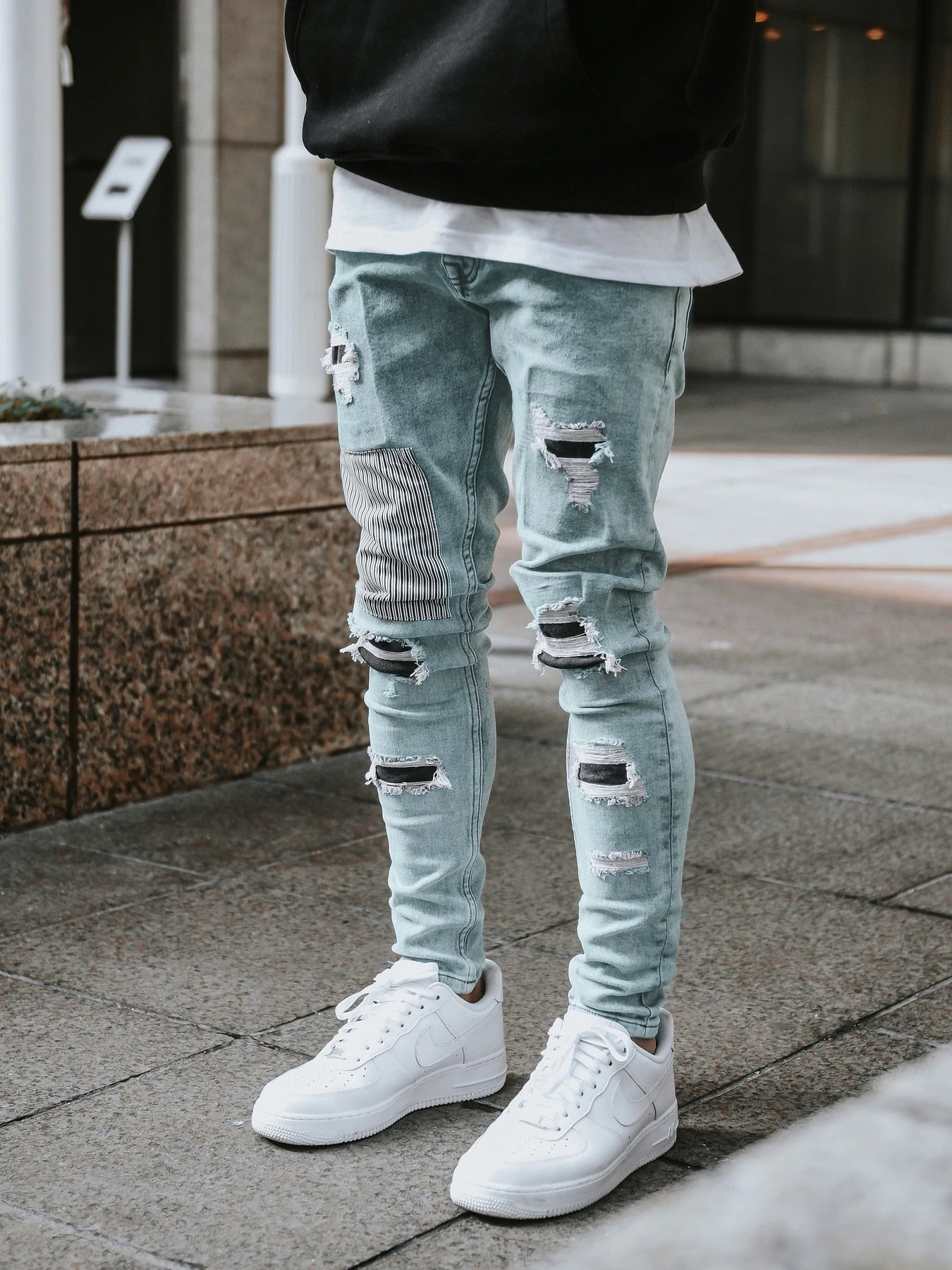 Men's Skinny Ripped Jeans Streetwear Fashion Beggar Patch Men Pencil Pants Grey/Blue Slim Denim Trousers Casual Jeans for Men