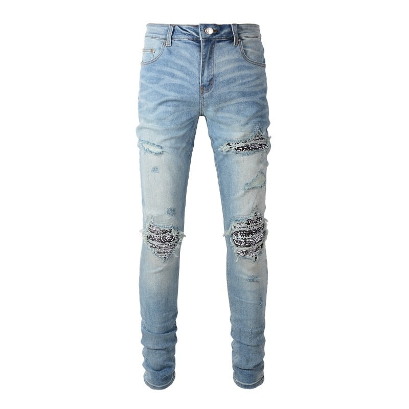 Light Blue Destroyed Tie Dye Bandana Ribs Patches Slim Fit Jeans