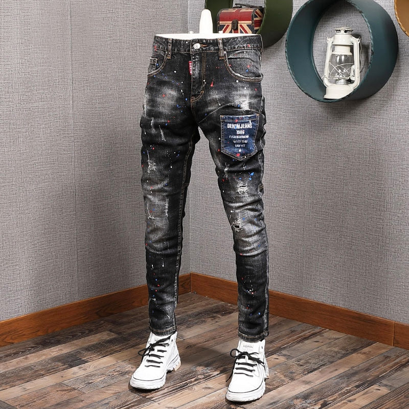 Fashion Streetwear Men Jeans Retro Black Blue Elastic Slim Fit Ripped Jeans Men Spliced Designer Embroidery Hip Hop Denim Pants