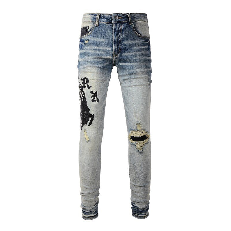 Men’s Black High Street Fashion Skinny Destroyed Tie Dye Bandana Embroidered Patches Slim Fit Scratched Ripped Jeans For Men