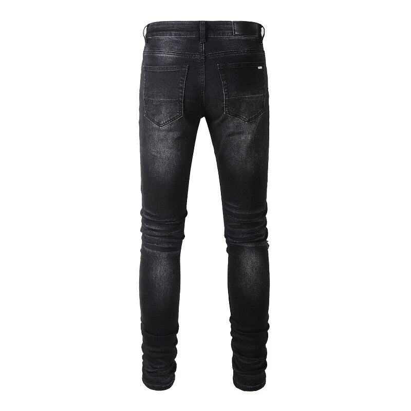 2022 Men's Black Distressed Skinny Jeans: Stretch denim with destroyed holes, red bandana, ribs patches, and ripped details. Streetwear style.