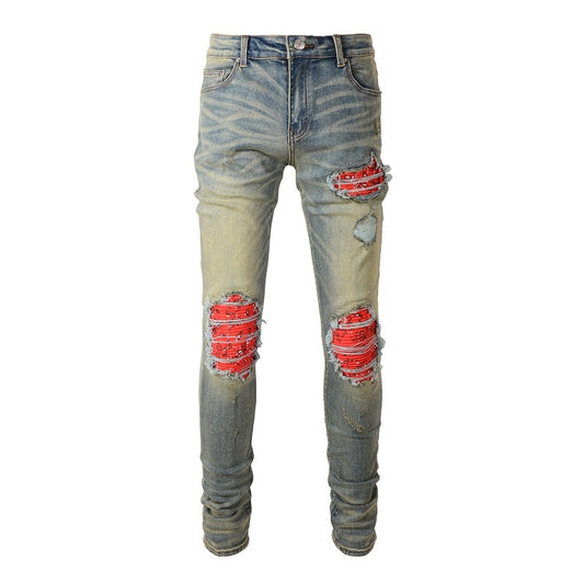 New Arrival Men&#39;s Light Blue Distressed Skinny Stretch Streetwear Tie Dye Bandana Patchwork Destroyed Slim Fit Denim Jeans Pants