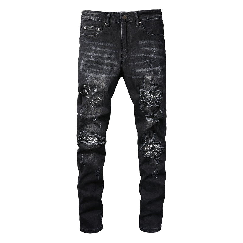 Men’s Black High Street Fashion Skinny Destroyed Tie Dye Bandana Embroidered Patches Slim Fit Scratched Ripped Jeans For Men