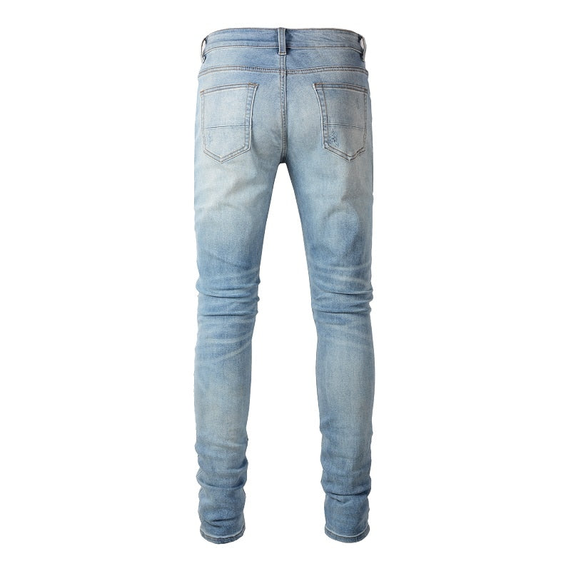 Light Blue Destroyed Tie Dye Bandana Ribs Patches Slim Fit Jeans